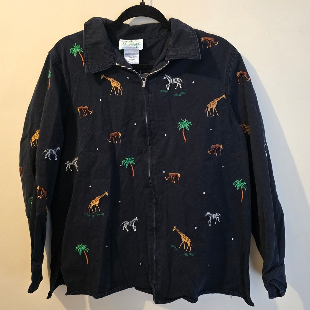 Quacker Factory Safari Animal Embroidered Jacket Women Medium Black Rhinestone